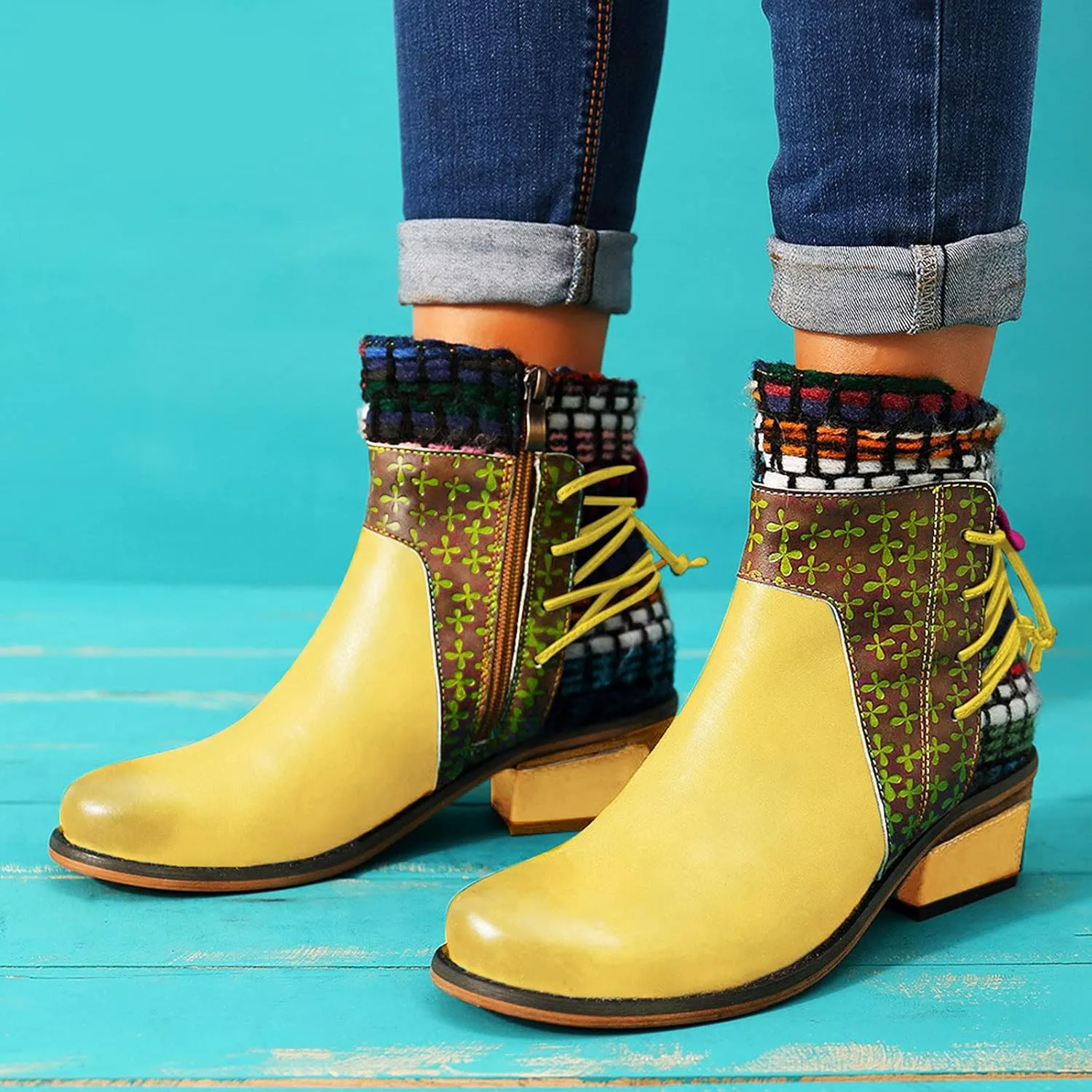 Vintage Ankle Boots for Women Leather Round Toe Back Lace Up Booties Side Zipper Chunky Block Low Heels Boots