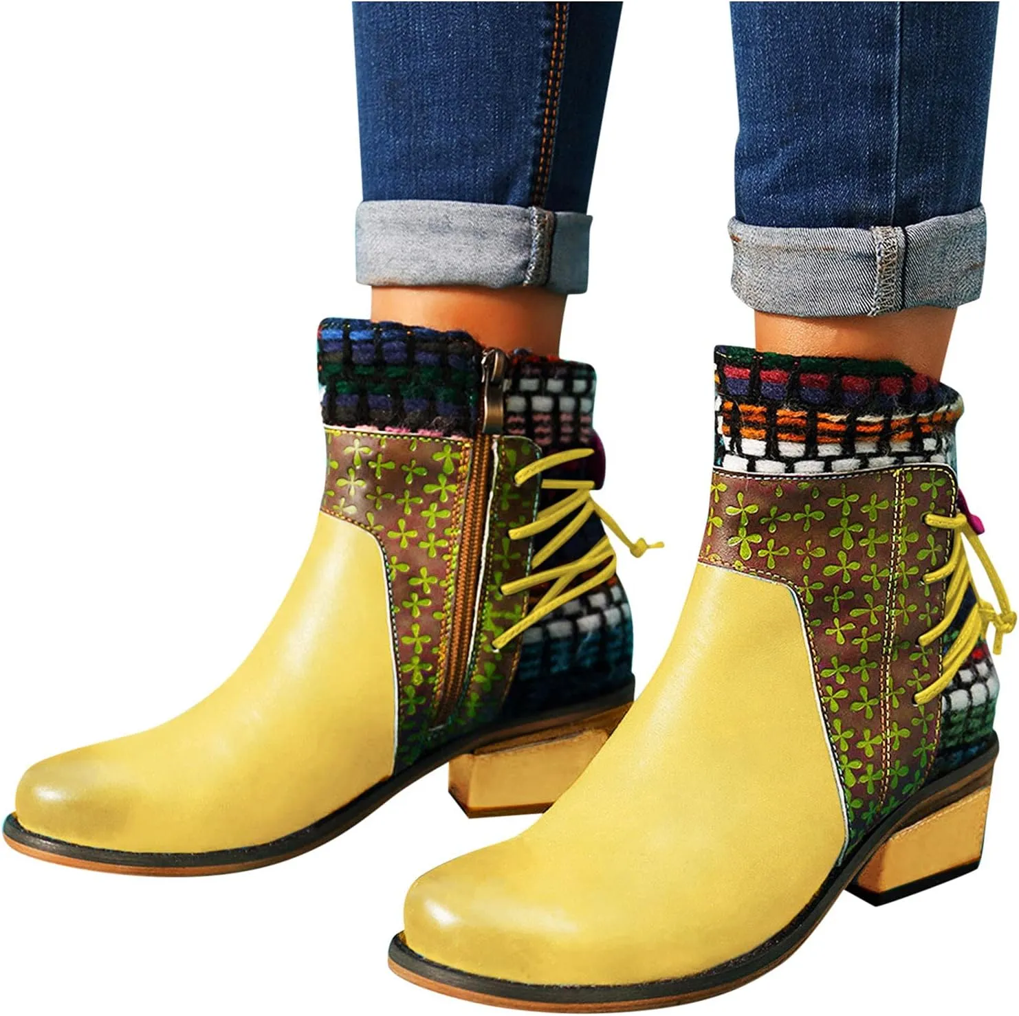 Vintage Ankle Boots for Women Leather Round Toe Back Lace Up Booties Side Zipper Chunky Block Low Heels Boots