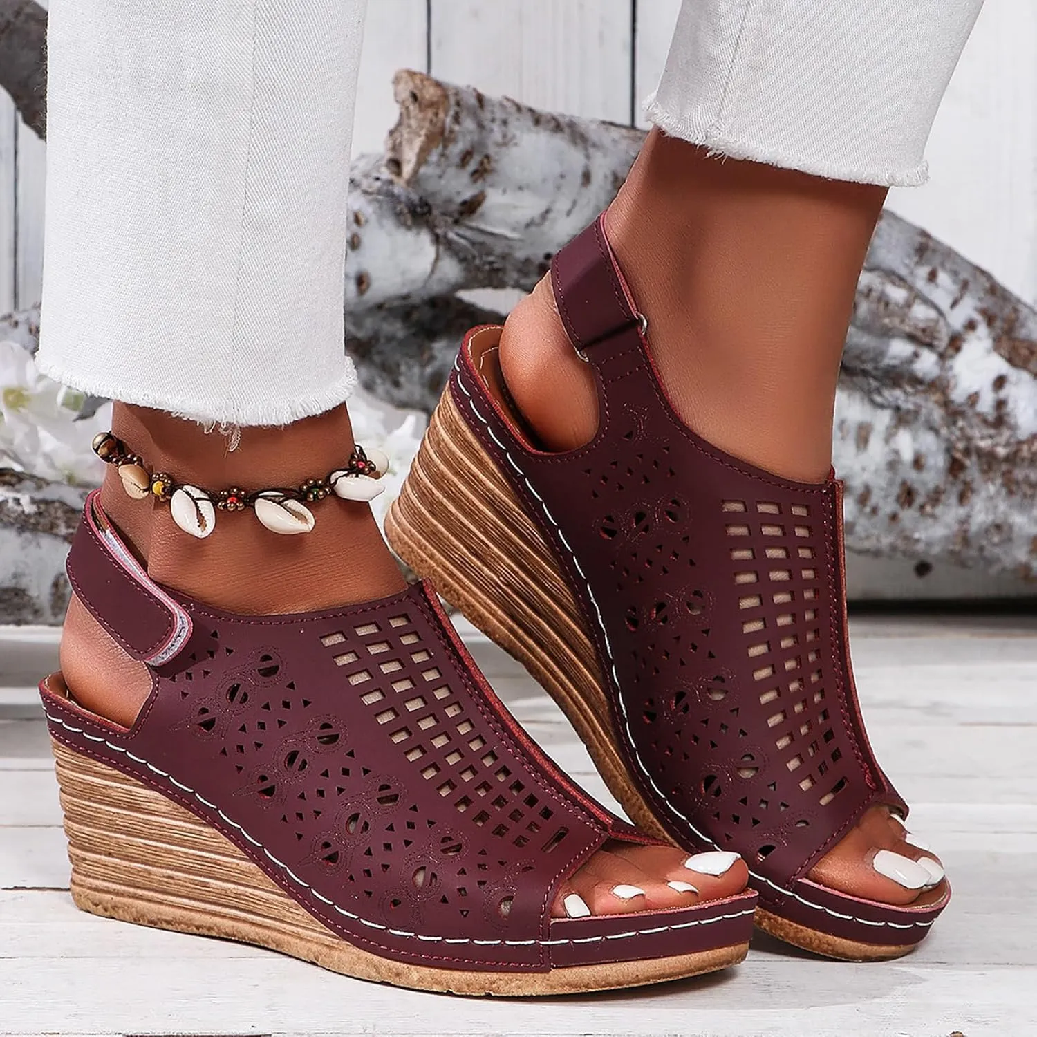 Wedge Sandals Women Summer Comfortable Open Toe Dressy Peep Bow Hollow Out Slingback Casual Adjustable Buckle Strap Flats Summer Slip On Ankle Sandal Walking Platform Beach Fashion Shoes