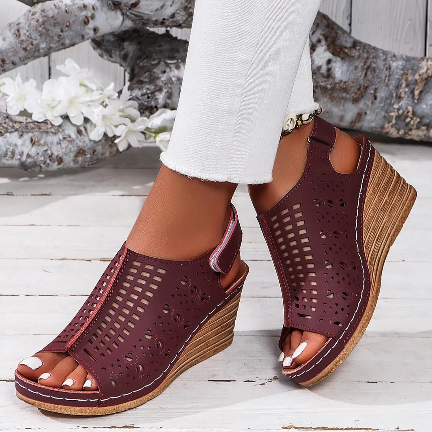 Wedge Sandals Women Summer Comfortable Open Toe Dressy Peep Bow Hollow Out Slingback Casual Adjustable Buckle Strap Flats Summer Slip On Ankle Sandal Walking Platform Beach Fashion Shoes