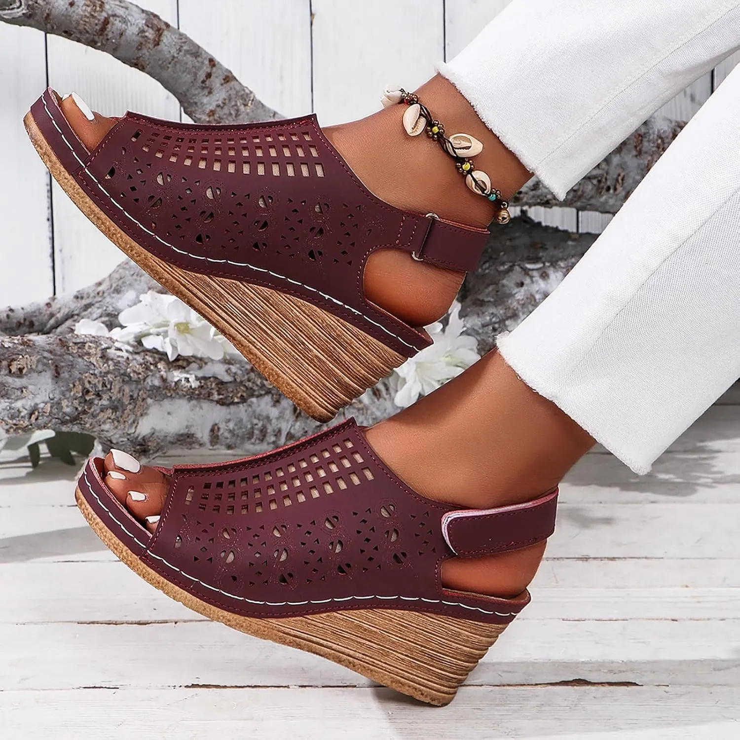 Wedge Sandals Women Summer Comfortable Open Toe Dressy Peep Bow Hollow Out Slingback Casual Adjustable Buckle Strap Flats Summer Slip On Ankle Sandal Walking Platform Beach Fashion Shoes