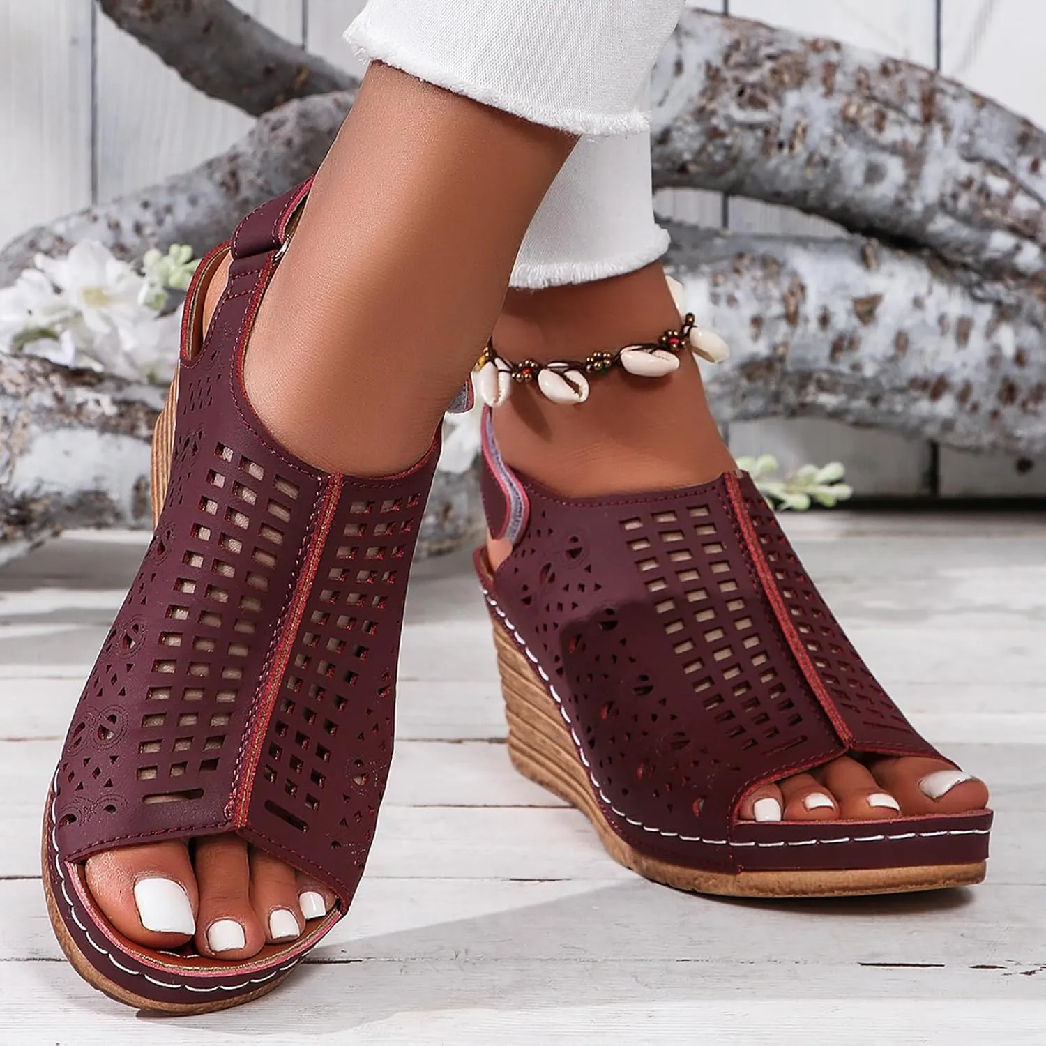 Wedge Sandals Women Summer Comfortable Open Toe Dressy Peep Bow Hollow Out Slingback Casual Adjustable Buckle Strap Flats Summer Slip On Ankle Sandal Walking Platform Beach Fashion Shoes