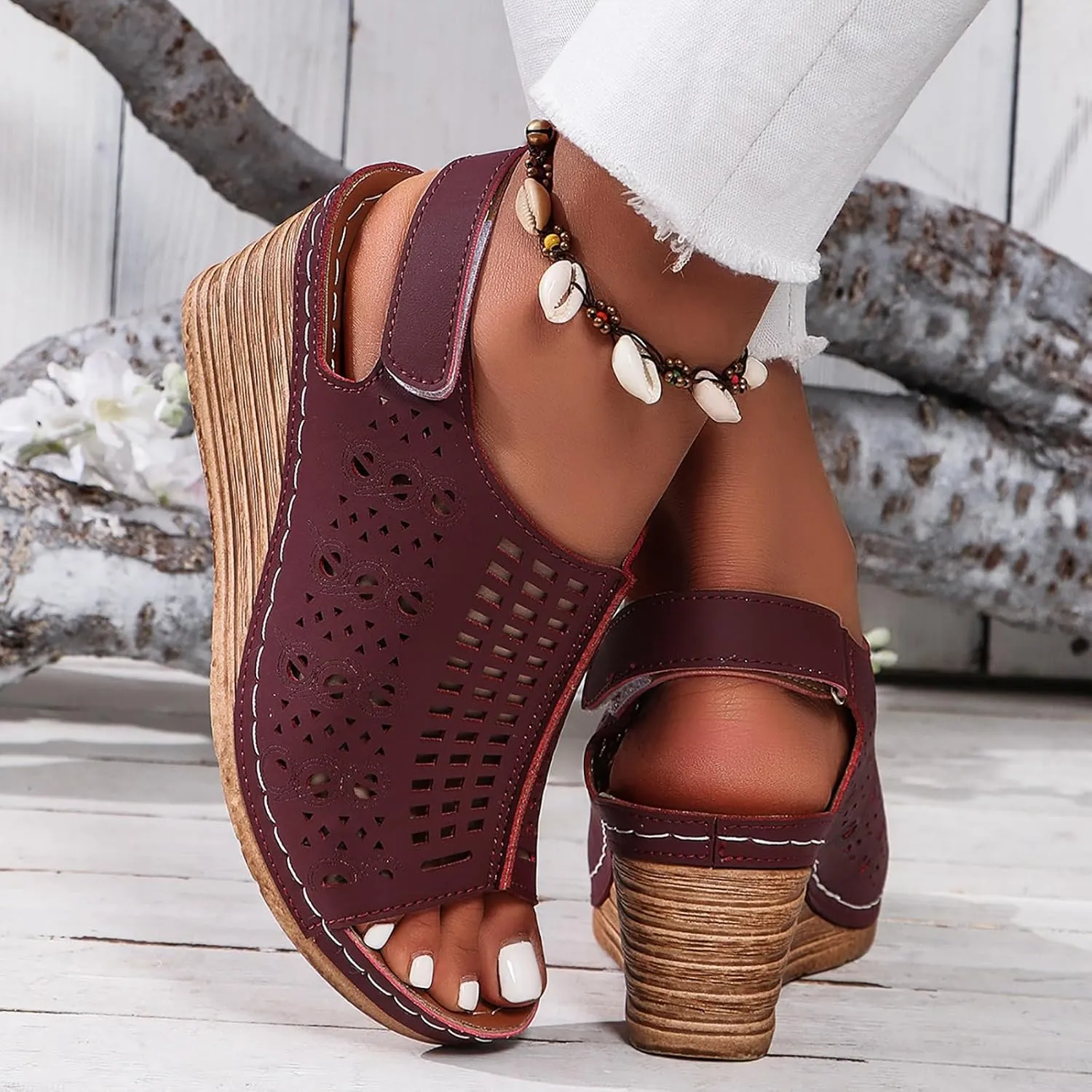 Wedge Sandals Women Summer Comfortable Open Toe Dressy Peep Bow Hollow Out Slingback Casual Adjustable Buckle Strap Flats Summer Slip On Ankle Sandal Walking Platform Beach Fashion Shoes