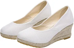 Women's Closed Toe Espadrilles Wedge Sandals Round Slip On Comfy Platform Pumps Shoes Solid Color Pointed Comfortable Canvas Wide Width Sandal Shoes Dressy Casual Summer Espadrille Wedges