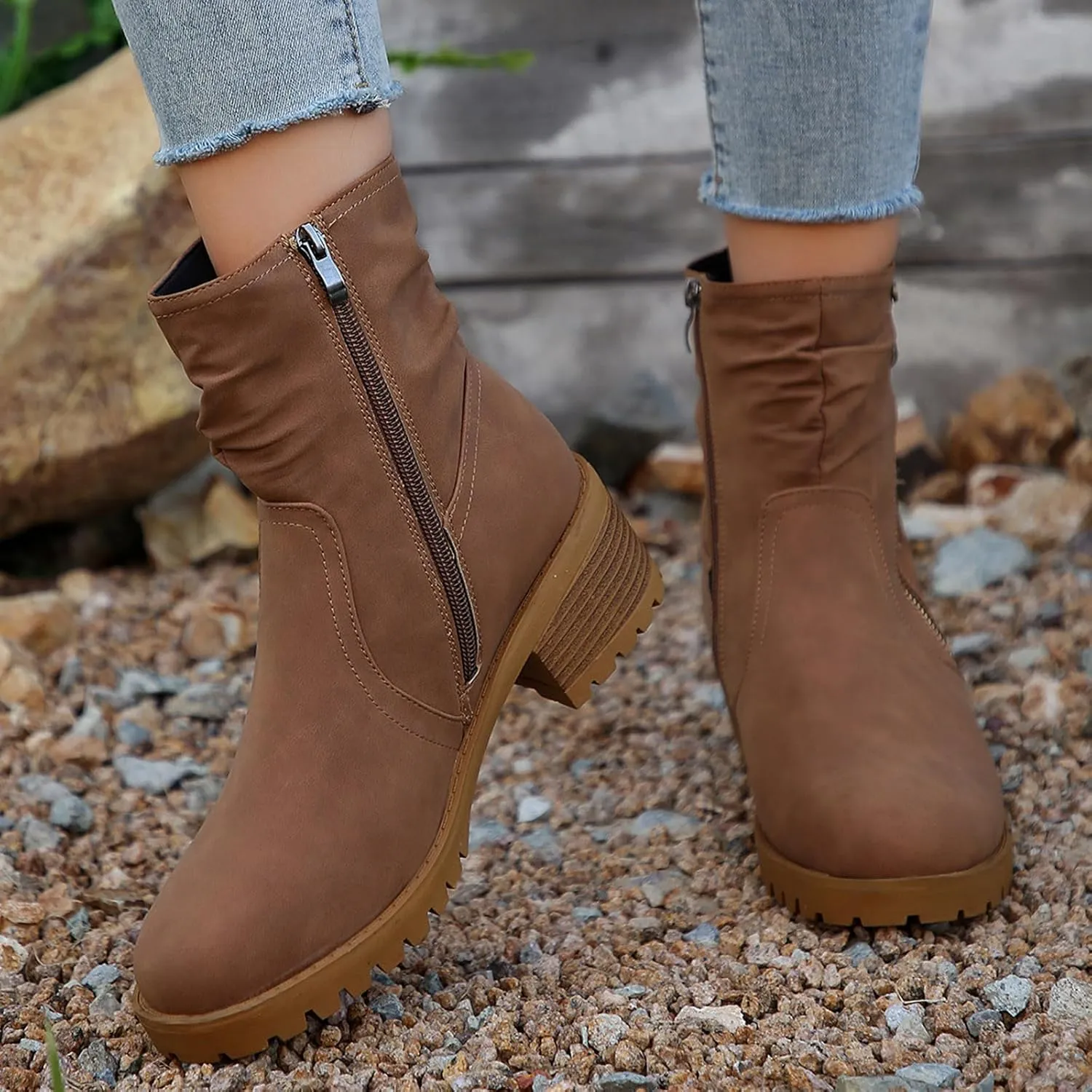 Women's Combat Boots Side Zip up Low Heel Ankle Boots Stacked Chunky Block Heels Booties Casual Comfy Booties