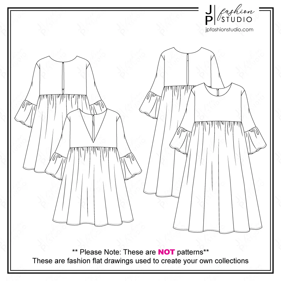 Women's Dresses Fashion Flat Sketches (2 Styles) / Fashion Technical Drawings / CAD Design / Vector Templates for Adobe Illustrator