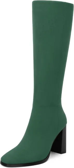 Womens High Heeled Knee High Boots, Square Toe Chunky Heel Knee-high Boots for Women, Fashion Dress Boots Zipper 3.5"