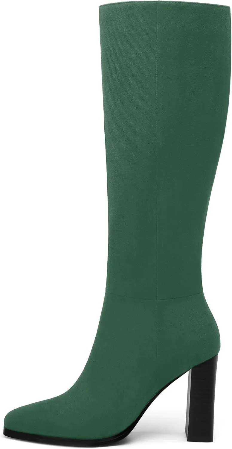 Womens High Heeled Knee High Boots, Square Toe Chunky Heel Knee-high Boots for Women, Fashion Dress Boots Zipper 3.5"