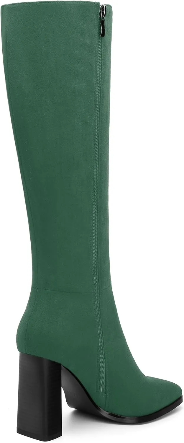 Womens High Heeled Knee High Boots, Square Toe Chunky Heel Knee-high Boots for Women, Fashion Dress Boots Zipper 3.5"