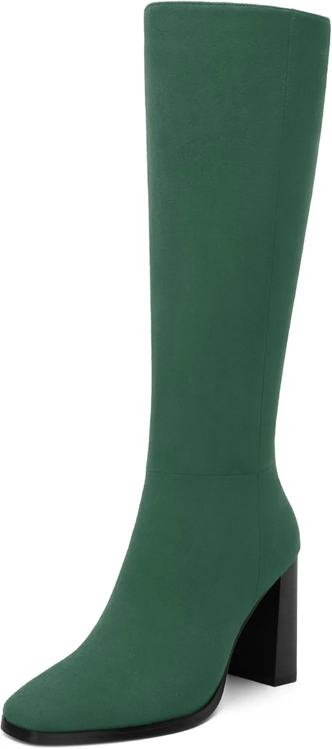 Womens High Heeled Knee High Boots, Square Toe Chunky Heel Knee-high Boots for Women, Fashion Dress Boots Zipper 3.5"