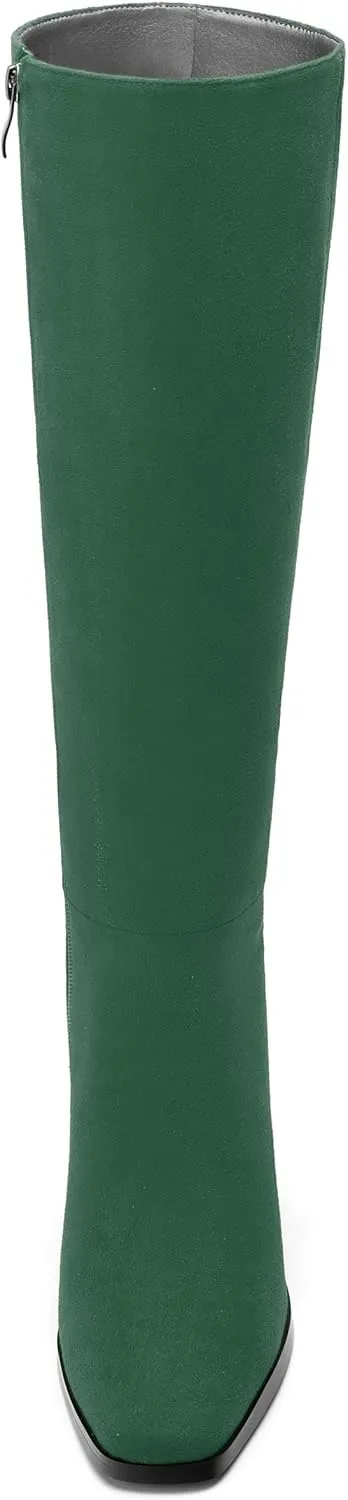 Womens High Heeled Knee High Boots, Square Toe Chunky Heel Knee-high Boots for Women, Fashion Dress Boots Zipper 3.5"