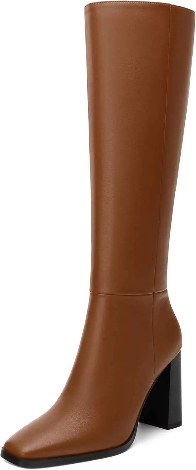 Womens Knee High Boots, Square Toe High Chunky Heel Knee High Boots for Women Zipper 3.5"