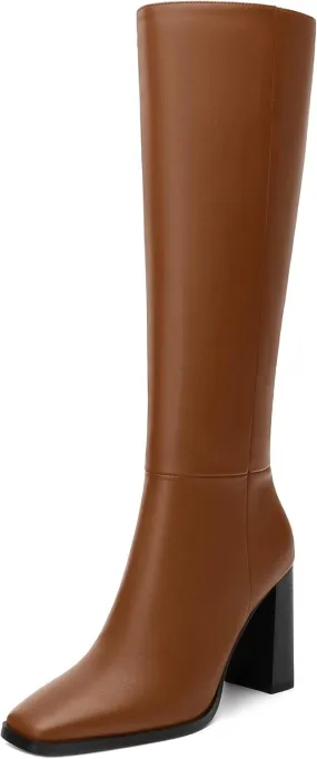 Womens Knee High Boots, Square Toe High Chunky Heel Knee High Boots for Women Zipper 3.5"