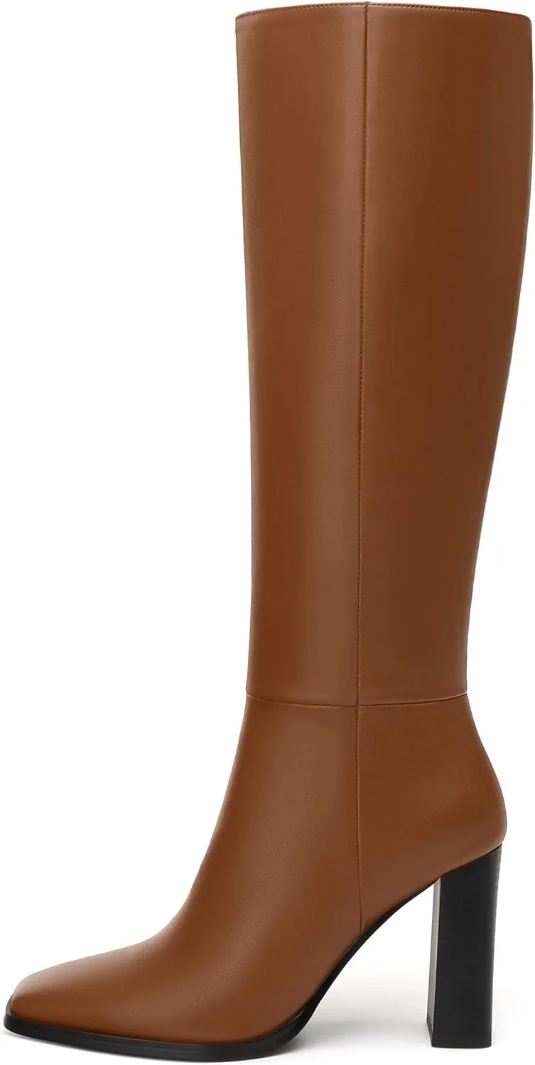 Womens Knee High Boots, Square Toe High Chunky Heel Knee High Boots for Women Zipper 3.5"
