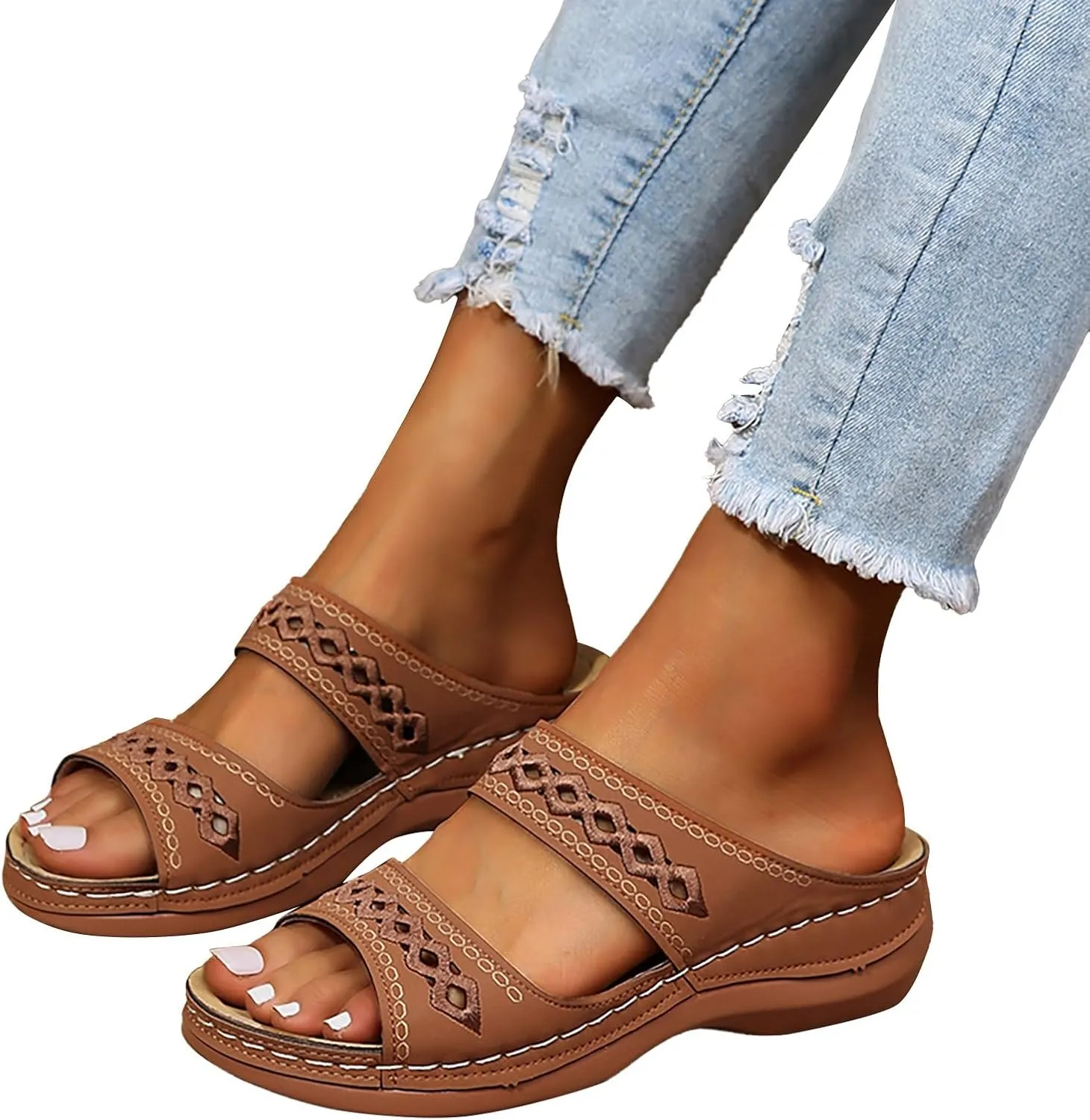 Womens Orthopedic Sandals Wide Width,Slip On Wedge Sandals for Women Arch Support Slides Lightweight Beach Sandals