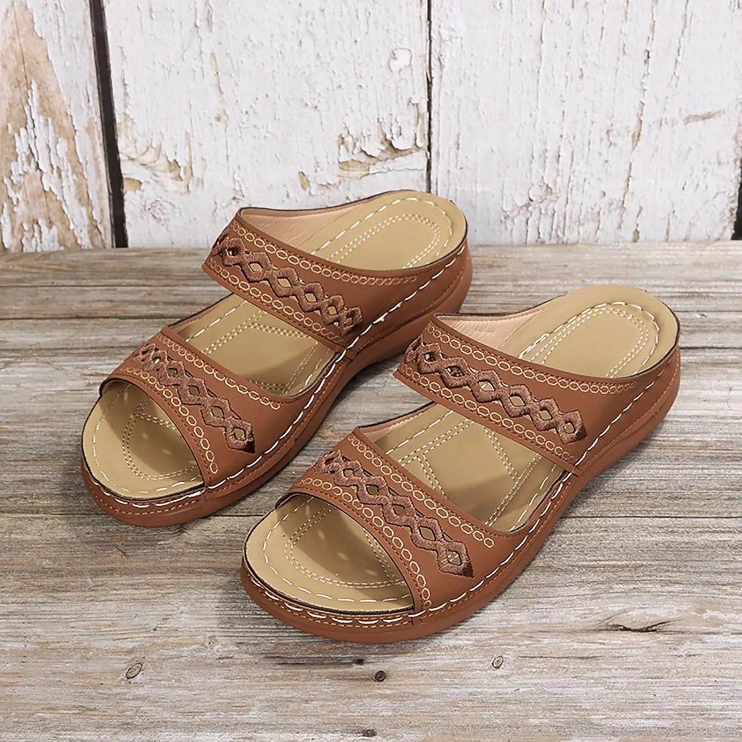 Womens Orthopedic Sandals Wide Width,Slip On Wedge Sandals for Women Arch Support Slides Lightweight Beach Sandals
