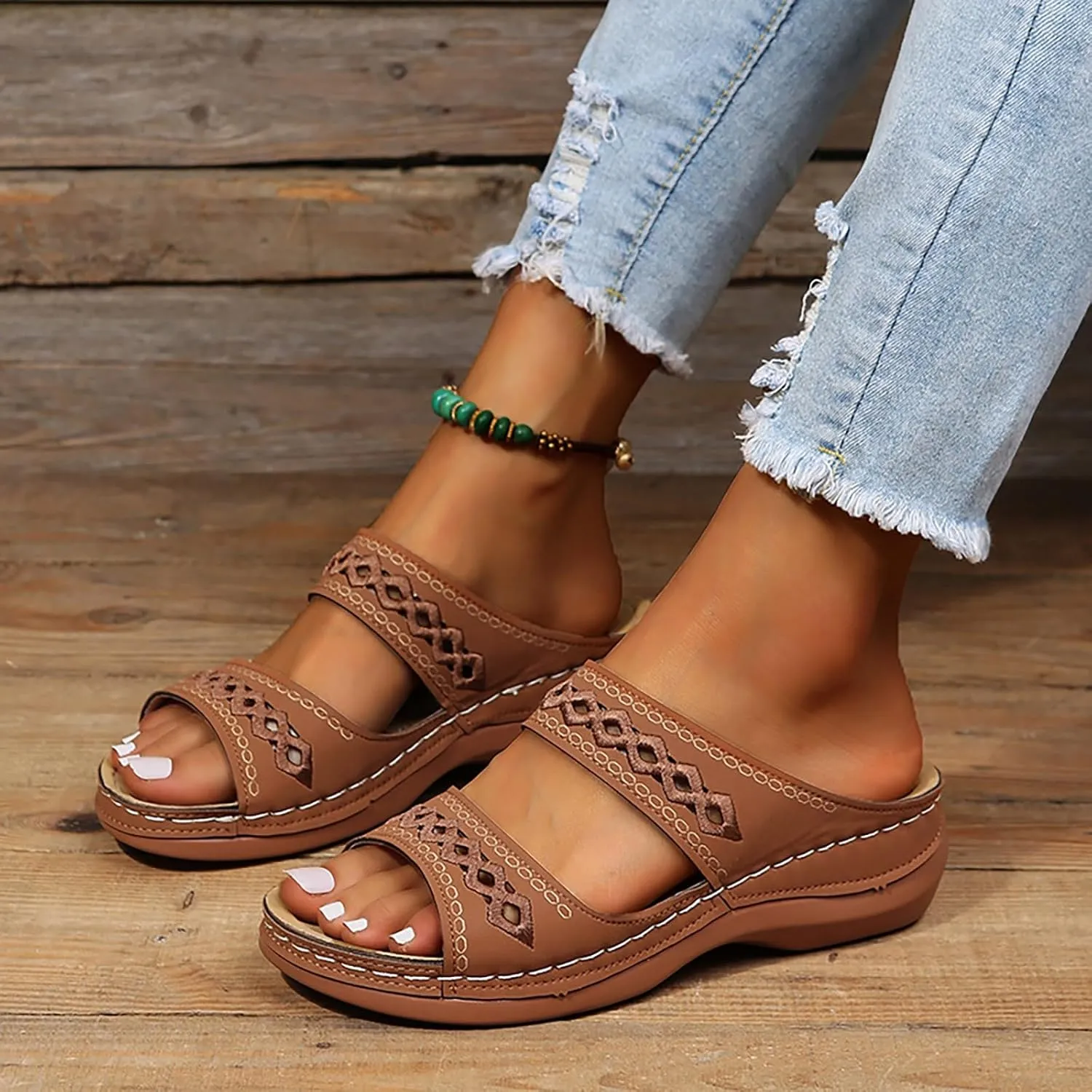 Womens Orthopedic Sandals Wide Width,Slip On Wedge Sandals for Women Arch Support Slides Lightweight Beach Sandals