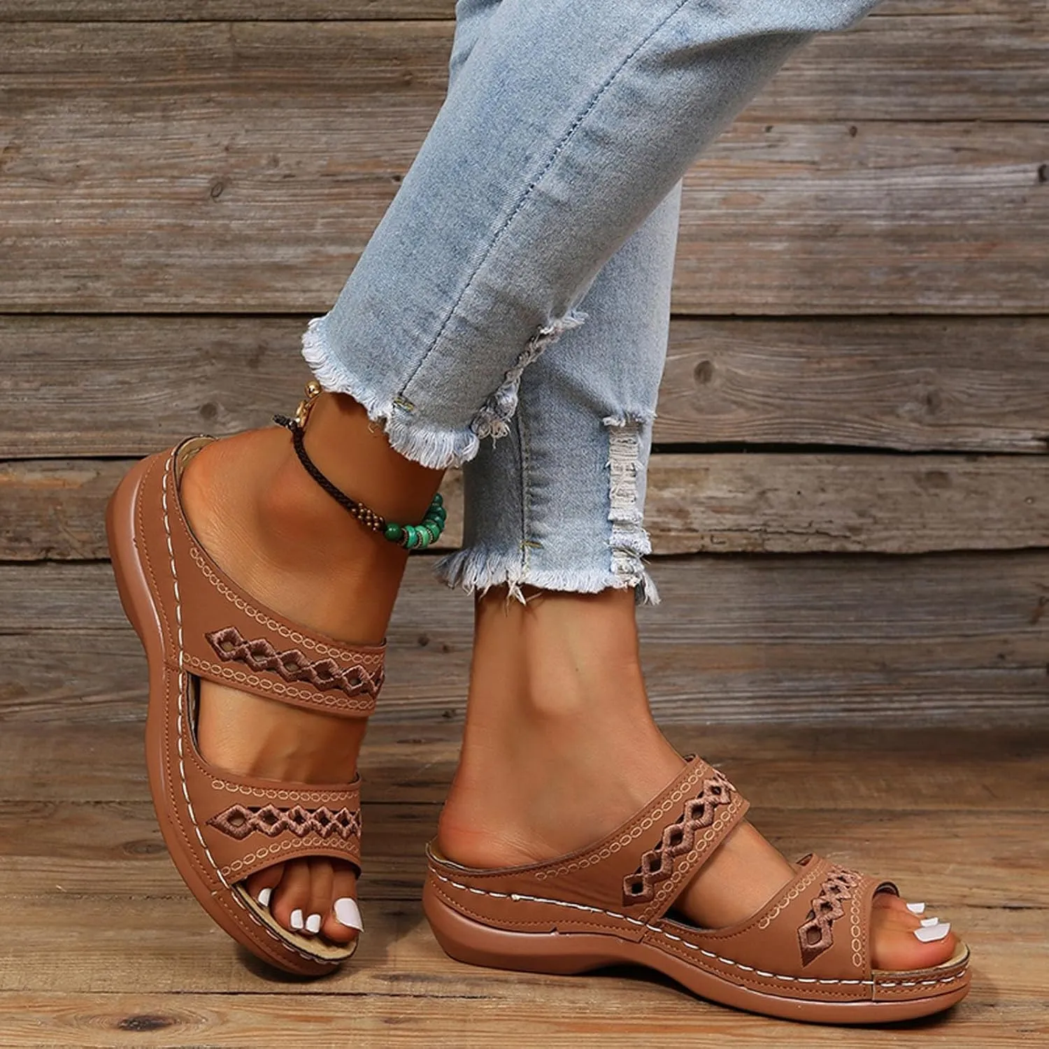 Womens Orthopedic Sandals Wide Width,Slip On Wedge Sandals for Women Arch Support Slides Lightweight Beach Sandals