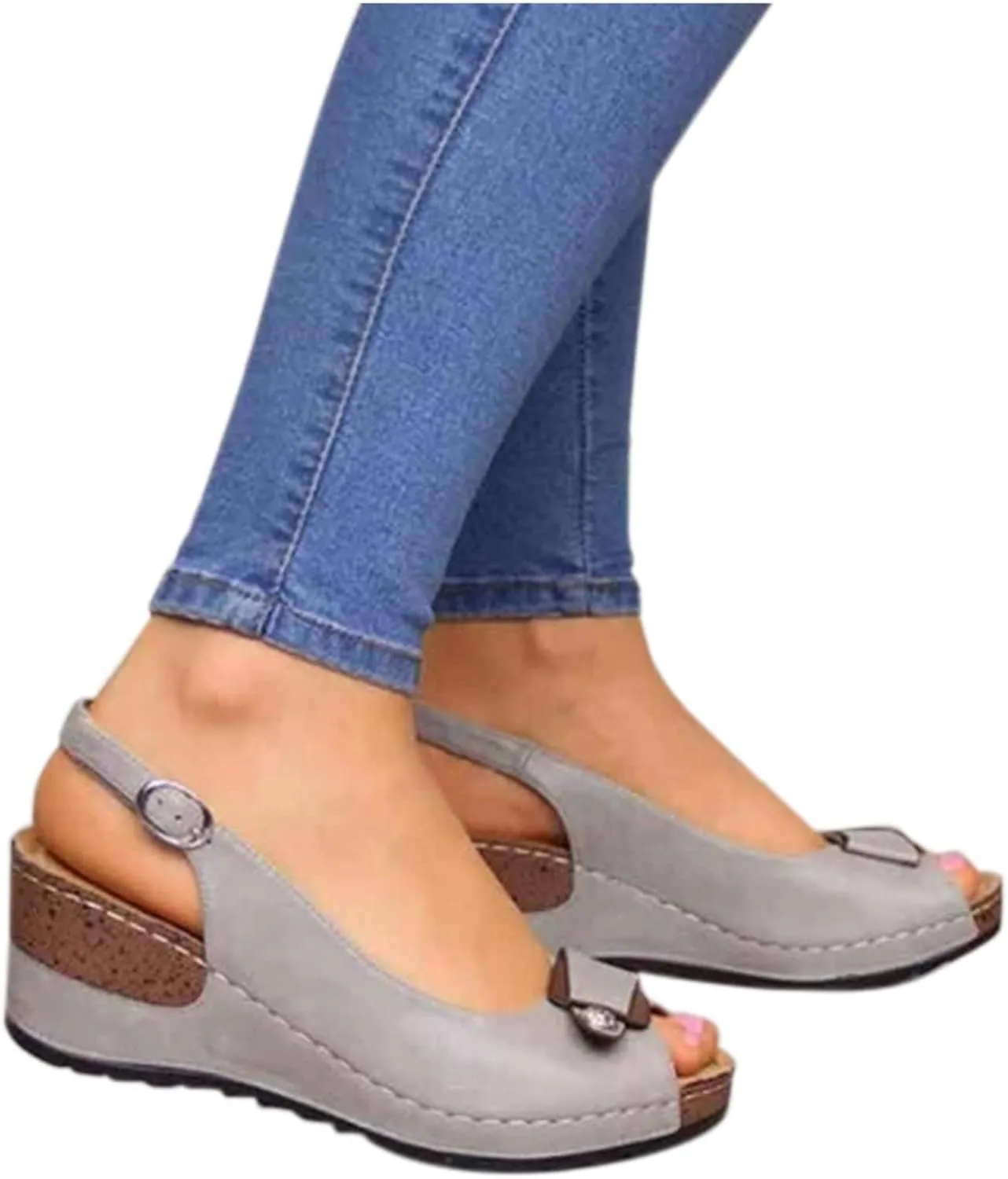 Women's Peep Toe Wedge Sandals Trendy Slip on Platform Outdoor Ankle Strap Sandal Summer Beach Shoes