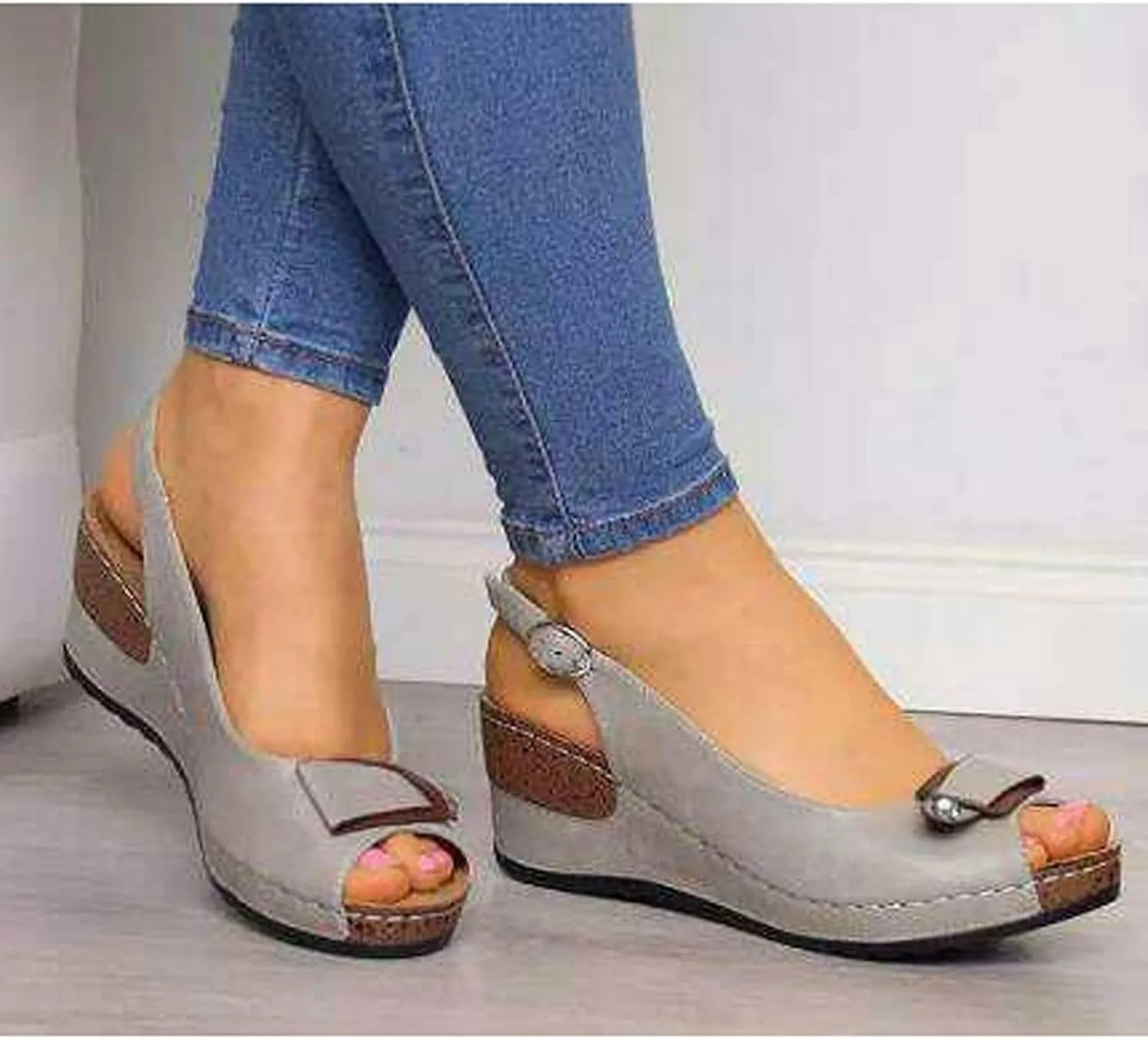 Women's Peep Toe Wedge Sandals Trendy Slip on Platform Outdoor Ankle Strap Sandal Summer Beach Shoes