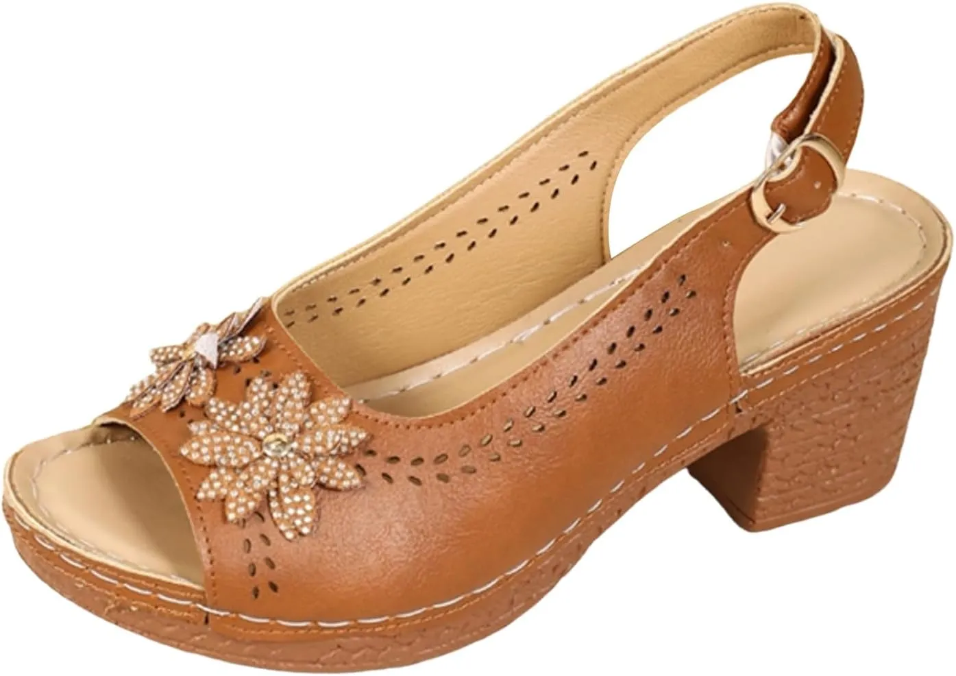 Women's Sandals, Womens Chunky Block Heels Peep Toe Flowers Sandals 2025 Summer Casual Ankle Strap Hollow Out Sandal