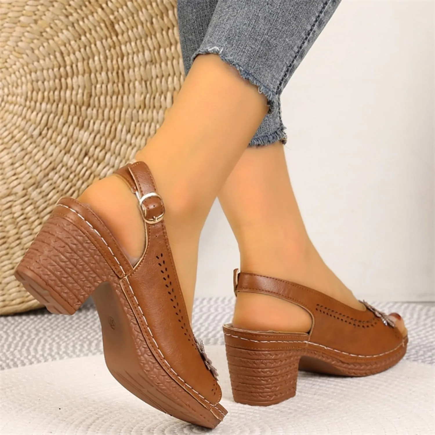 Women's Sandals, Womens Chunky Block Heels Peep Toe Flowers Sandals 2025 Summer Casual Ankle Strap Hollow Out Sandal