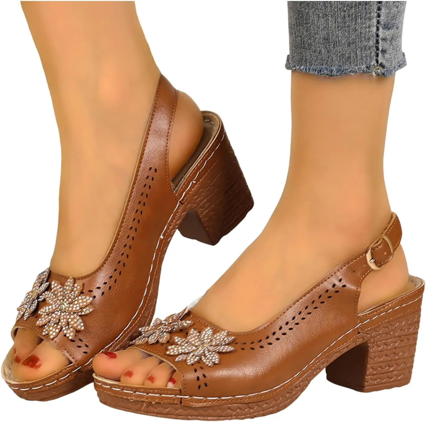 Women's Sandals, Womens Chunky Block Heels Peep Toe Flowers Sandals 2025 Summer Casual Ankle Strap Hollow Out Sandal