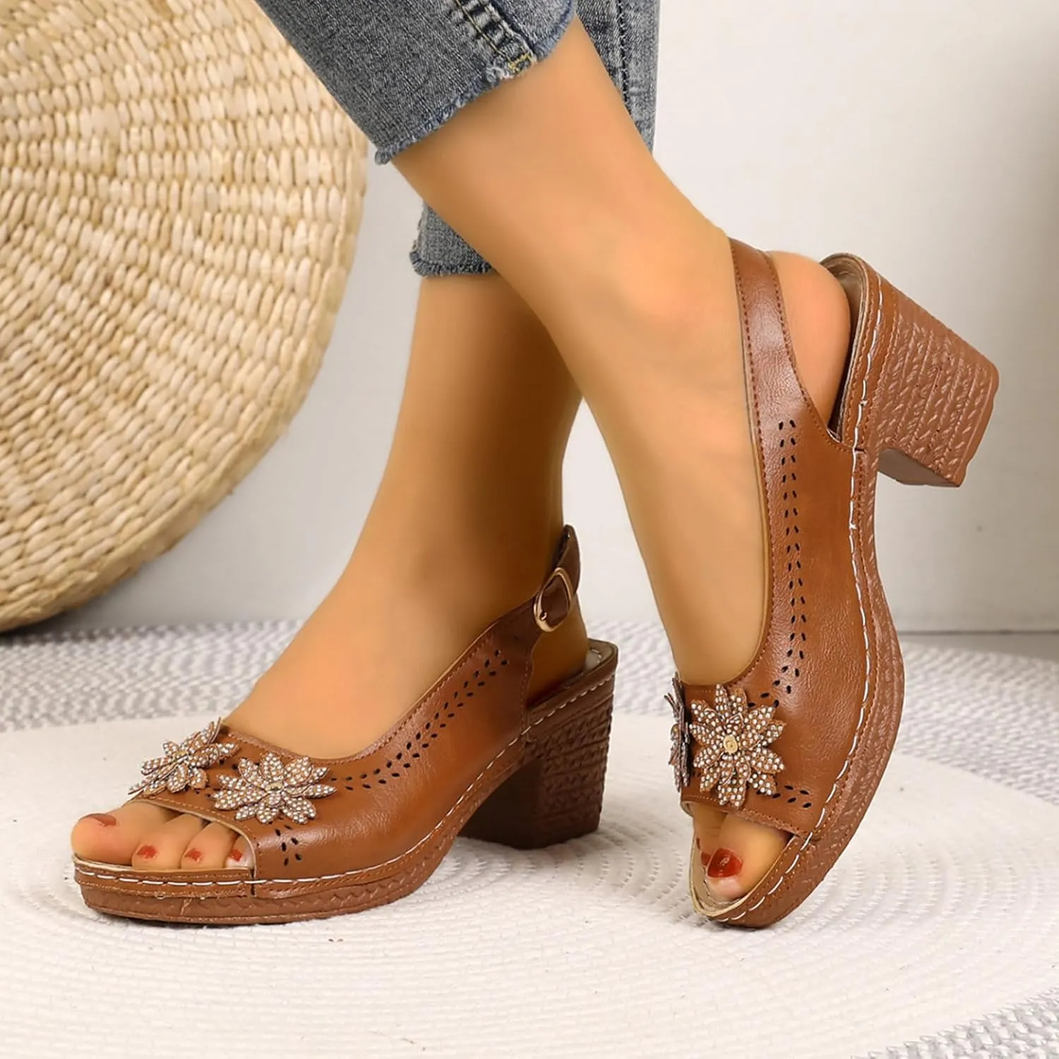 Women's Sandals, Womens Chunky Block Heels Peep Toe Flowers Sandals 2025 Summer Casual Ankle Strap Hollow Out Sandal