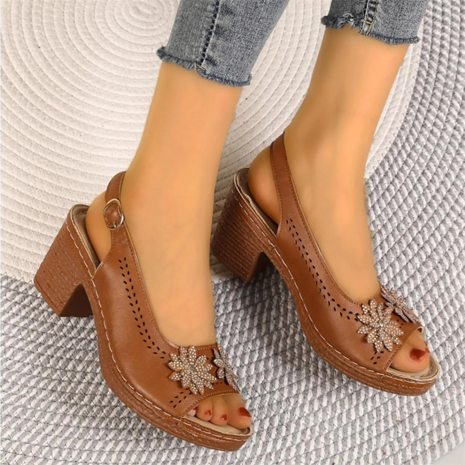 Women's Sandals, Womens Chunky Block Heels Peep Toe Flowers Sandals 2025 Summer Casual Ankle Strap Hollow Out Sandal