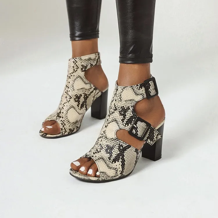 Women's Snake Printed Buckle Straps Block Chunky Heel Sandals