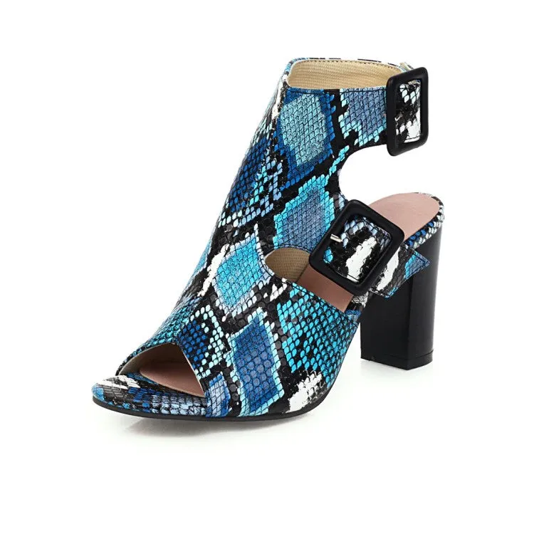 Women's Snake Printed Buckle Straps Block Chunky Heel Sandals