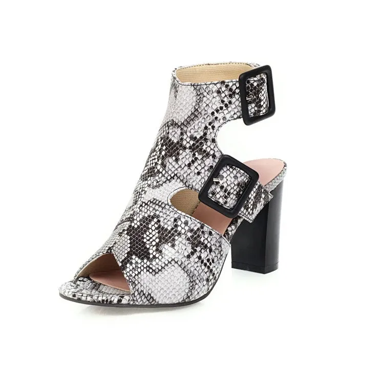 Women's Snake Printed Buckle Straps Block Chunky Heel Sandals
