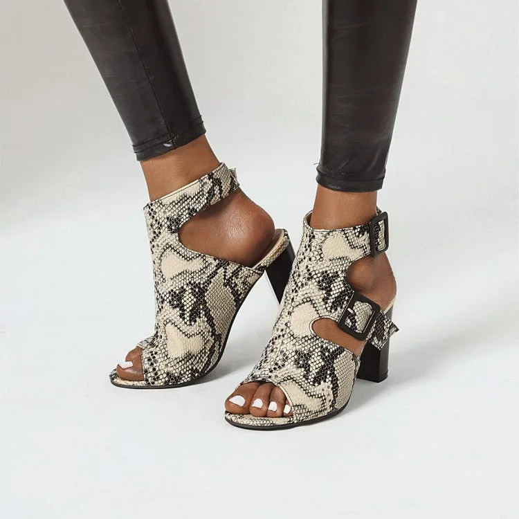 Women's Snake Printed Buckle Straps Block Chunky Heel Sandals