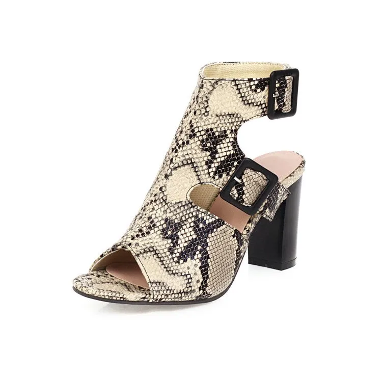 Women's Snake Printed Buckle Straps Block Chunky Heel Sandals