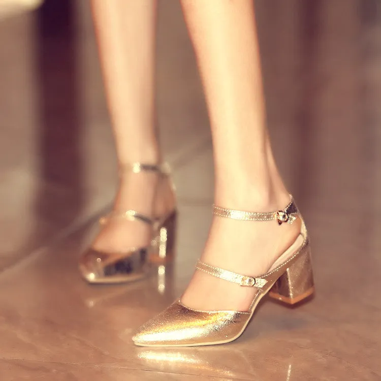 Women's Solid Color Glossy Pointed Toe Ankle Strap Block Heel Sandals